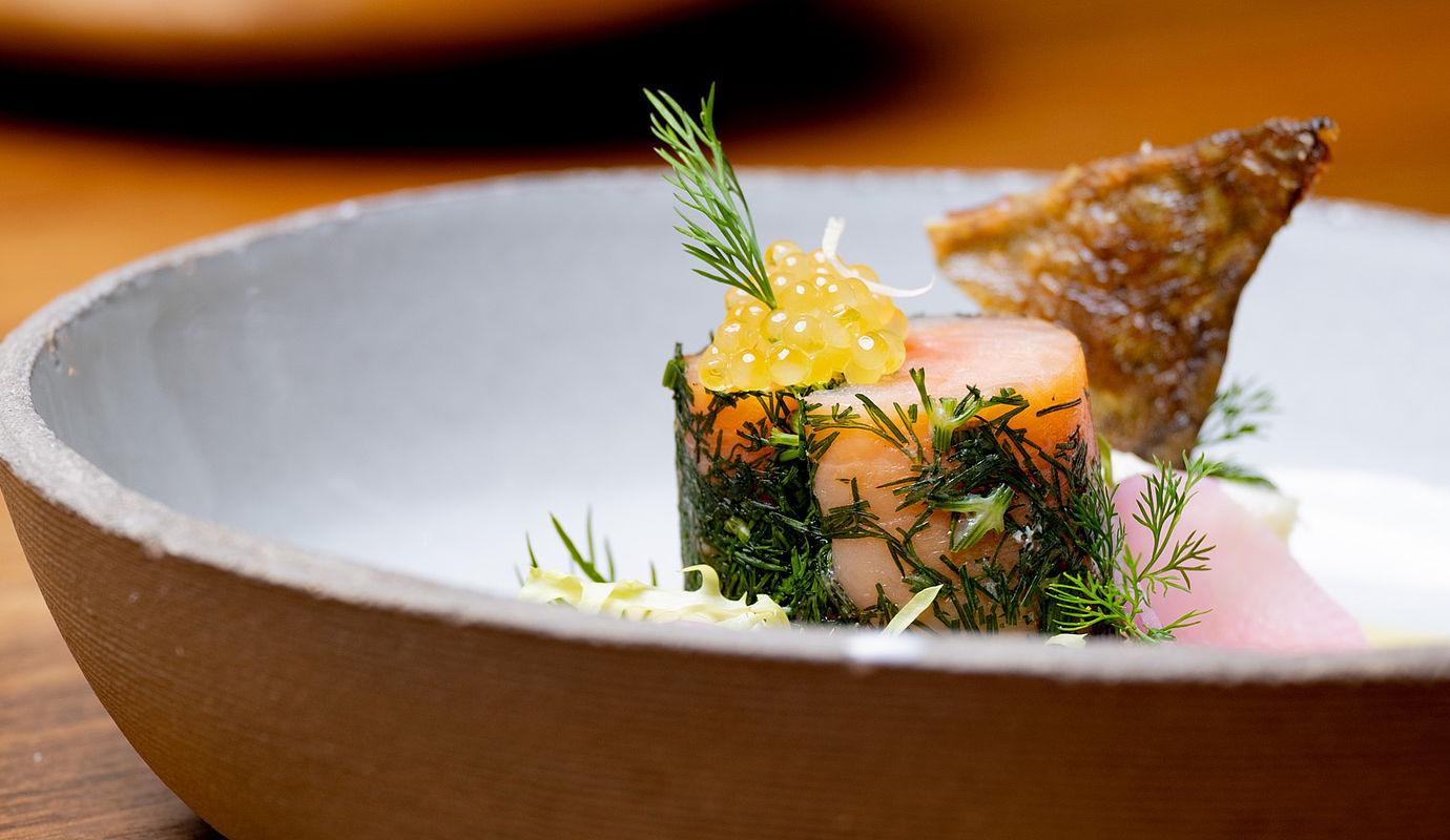 Nahaufnahme eines Lachsgerichts mit Gemüse in einem dekorativen Teller